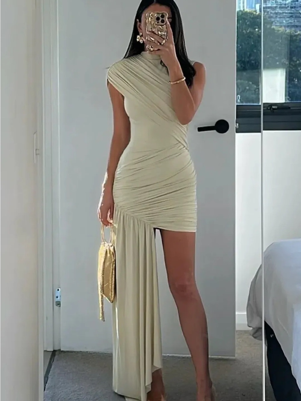 Asymmetrical One-Shoulder Ruched Mini Dress in Cream - Picture 2 of 2